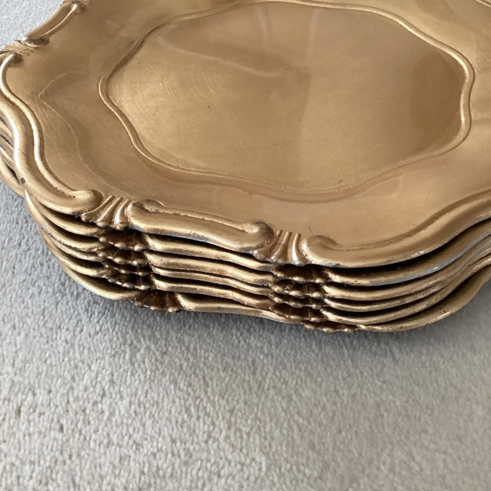 NWOT. Set of 6 Gold Baroque Melamine Chargers. Sur La Table.